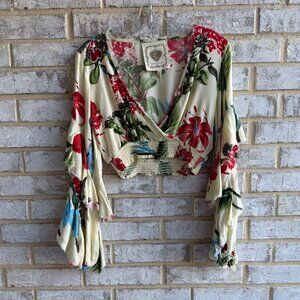Z & L Made with Love 3/4 Ruffled Sleeve Faux Wrap V-Neck Crop Boho Blouse Size S